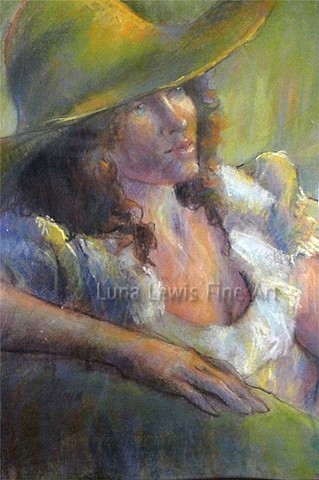 Pastel portrait of young girl with white dress and straw hat by Luna Lewis