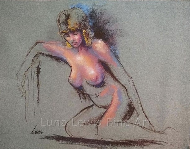 Pastel drawing of seated nude girl by Luna Lewis