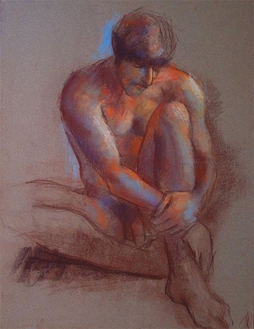 Pastel drawing of seated nude male dancer by Luna Lewis
