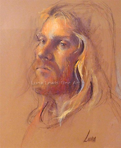 Pastel portrait of man with long blonde hair and mustache and beard by Luna Lewis
