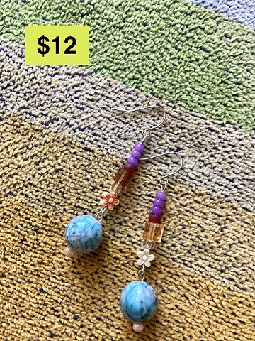 dangle earrings with colorful beads and marbled blue accent bead