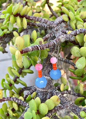 dangle earrings with pink and light blue beads