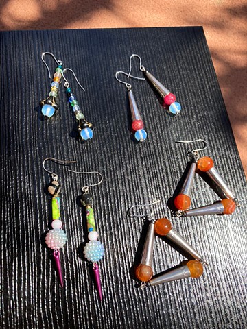 colorful dangle earrings made from salvaged beads