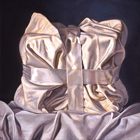 Pamela Sienna small oil painting of white cloth and ribbon