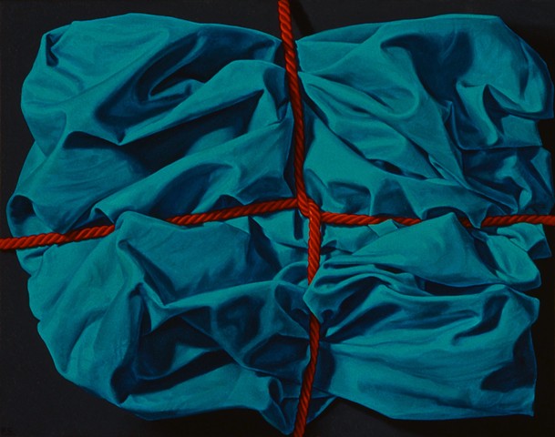 "The Evidence" by Pamela Sienna, still life oil painting of cloth tied with cord, trompe l'oeil, contemporary realism
