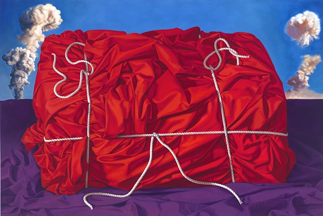 "Red Alert" by Pamela Sienna, 24" x 36" oil painting, still life of red cloth bound with string, two towers of smoke, blue sky, contemporary realism