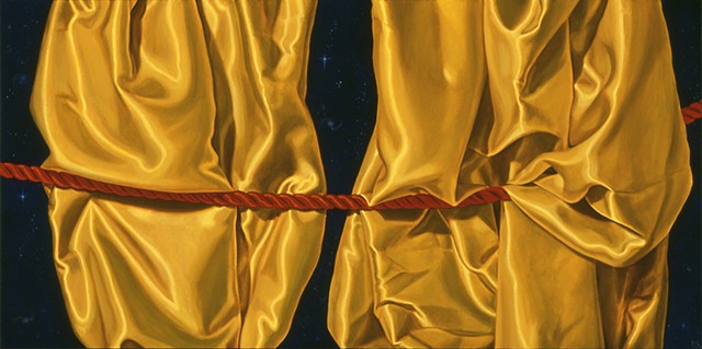 "Curtains #2" by Pamela Sienna, 12" x 24" oil painting, still life of gold satin cloth with red cord, night sky with stars, contemporary realism 