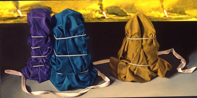 Pamela Sienna, oil painting, still life of cloth towers
