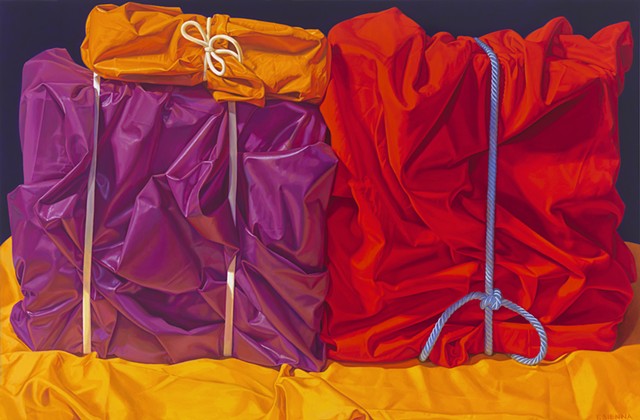 Packed , 24" x 36" by Pamela Sienna - oil painting still life of cotton cloth and polished cotton with cords on yellow gold satin, contemporary realism