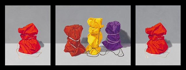 "What to Choose" by Pamela Sienna, triptych oil painting, still life of objects wrapped in cloth and tied, contemporary realism