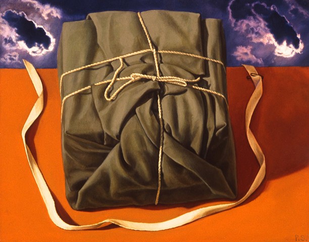 "Wrapped (path away, path back)" by Pamela Sienna, 11" x 14" still life oil painting cloth and cord with clouds, contemporary realism
