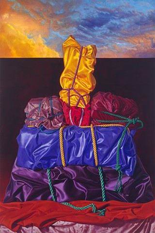Mounting Secrets #1 by Pamela Sienna - oil, 36" x 24" - still life painting of satin, velvet, polished cotton wrapped cloth with cords, realist oil painting, contemporary art