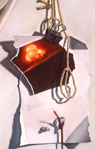 detail of scrap of paper with bomb imagery, string, still life in painting by Pamela Sienna, "Wrapped (in the medium of time)" Danforth Museum collection