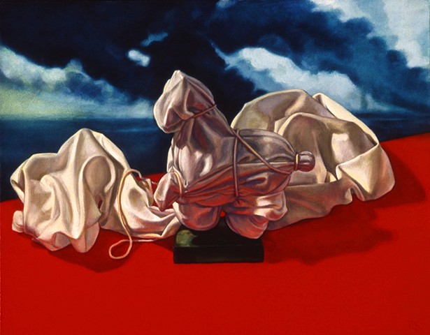 "Wrapped (horse in wind)" by Pamela Sienna, 11" x 14" oil painting still life, contemporary realism