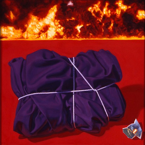 Pamela Sienna, oil painting, still life of cloth with fire
