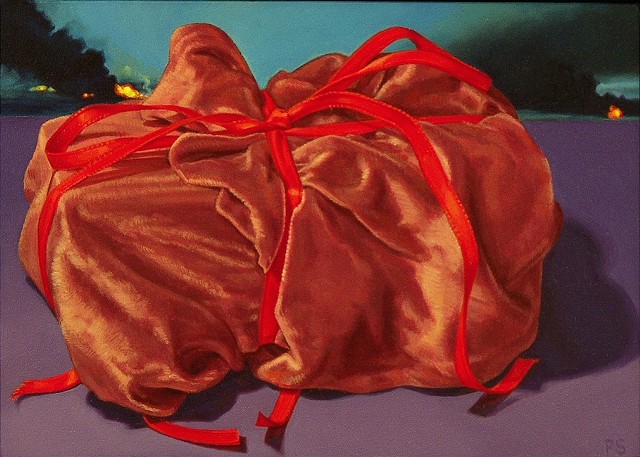 "Gift for Tomorrow #1" by Pamela Sienna, oil painting, still life of velvet cloth, ribbon, fires on horizon, contemporary realim