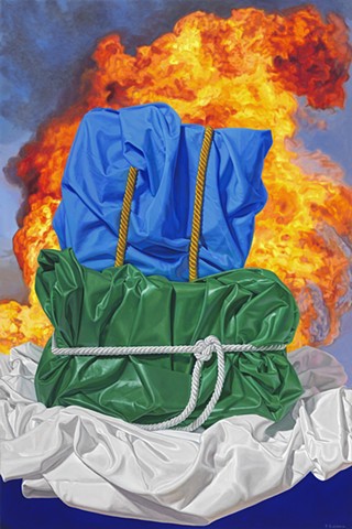 Fire, Water, Earth, Air by Pamela Sienna, oil on panel, 36" x 24" still life of cloth, fire, water blue, earth green, air white, four elements, contemporary still life realism Pamela Sienna