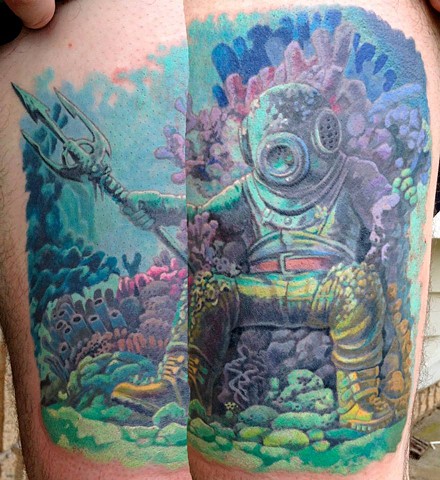 Lovecraft Tattoo, Color Tattoo, Christian DiMenna, Tattoo, Underwater tattoo, Coral Tattoo, Diving Tattoo