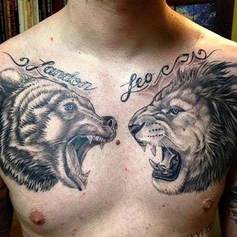 Bear & Lion Chest Tattoo