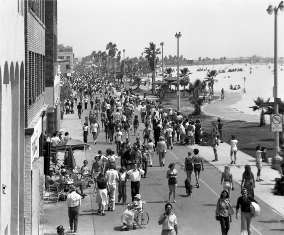 Venice Beach Boardwalk CA. 1975 aerial view facing south