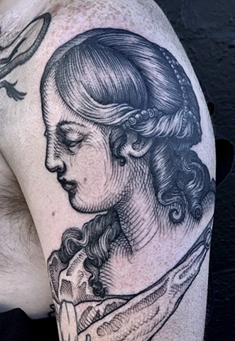 Hypatia woodcut tattoo New Haven CT