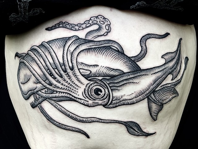 Colossal squid fighting sperm whale woodcut tattoo New Haven ct