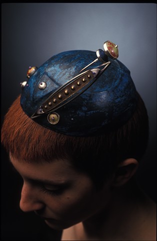 copper, hollow formed hat with removable silver and enamel brooch