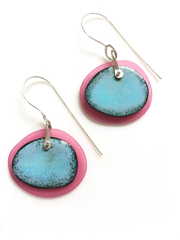 Earrings made of silver, vitreous enamel on copper and plastic