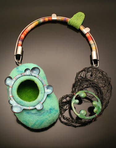 Contemporary jewelry, felted wool jewelry, enameling, neck piece