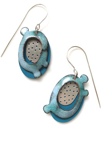 earrings made of silver, vitreous enamel on copper and wood