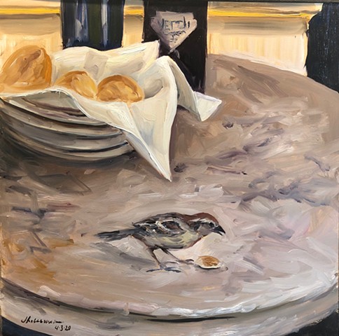 Lunch with Sparrow, Borgo Brufa, Umbria Painting