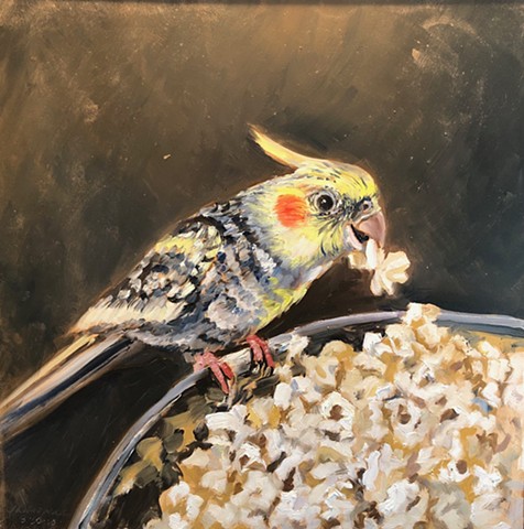 Peanut Eating Popcorn, Cockatiel painting