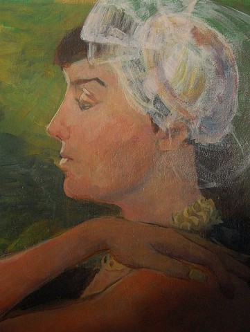 Christina, portrait on a found canvas, 2012; acrylic on canvas