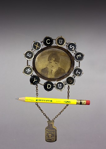 Dorothy Parker Commemorative Artwork Wearable Art, Brass and NuGold, Vintage Typewriter Keys, Pencil, Stainless Steel