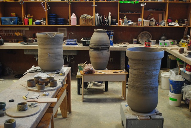 Works in progress in the North Carolina Pottery Center studio building. These large works  are built on the wheel alternating between throwing coils and handbuilding with coils