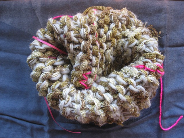 Gold, natural, and pink hand knit cowl