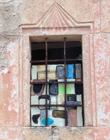 Mixed-media drawing made in Cappadocia, Turkey then hung and photographed in a ruin by Carmi Weingrod