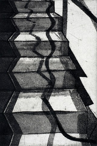 Sugarlift aquatint. Title inspired by Duchamp's %Nude Descending a Staircase% by Carmi Weingrod
