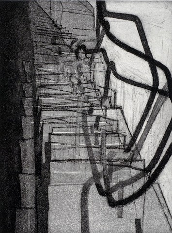Sugarlift aquatint. Title inspired by Duchamp's %Nude Descending a Staircase% by Carmi Weingrod