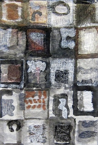 Mixed-media drawing with Sumi ink on handmade paper, based on a fictitious alphabet by Carmi Weingrod