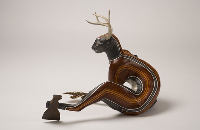rigid foam rusted metal axe hatchet oil paint spirit animal power protector deer horns horn