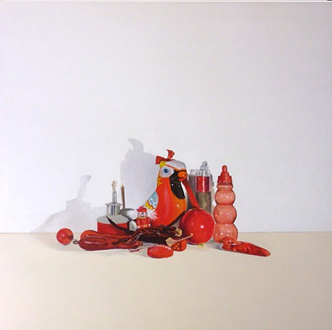 red group of objects in a still life setting contemporary still life jenny van gimst