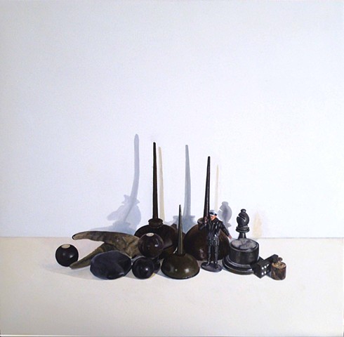 black group of objects in a still life setting contemporary still life artist jenny van gimst