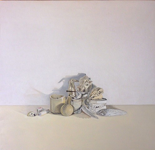 white group of objects in a still life setting contemporary still life artist jenny van gimst