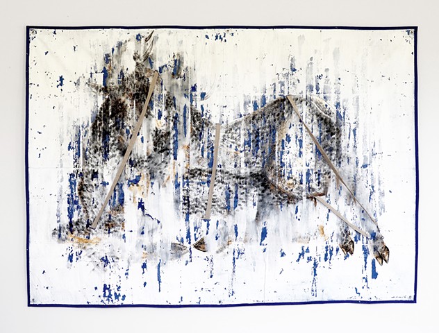 Gesso, ink, redwood pigment, linen, camping tarp