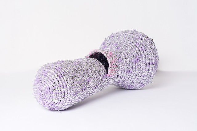 abstract coiled basket made with emergency blankets and lavendar plastic lacing by José Santiago Pérez