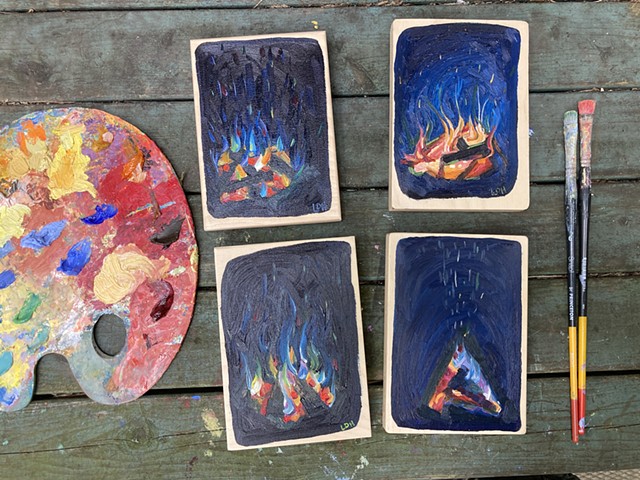 5"x7" little fires, oil on birch ply