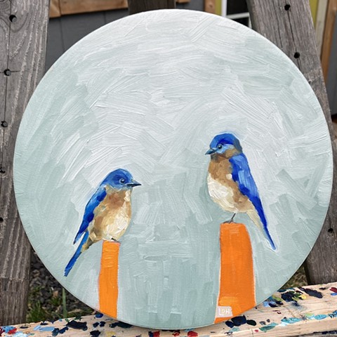 Eastern Bluebirds, 12" round, oil on birch, $375 + HST, SALE $300 + HST