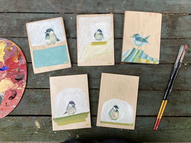 5"x7" little birds, oil on birch ply