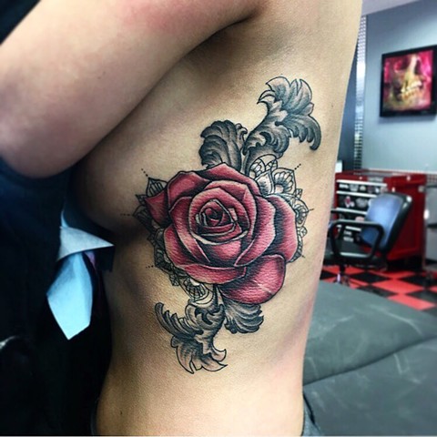 Mackenzie Meyers - Rose Tattoo on Ribs with Ornate Background